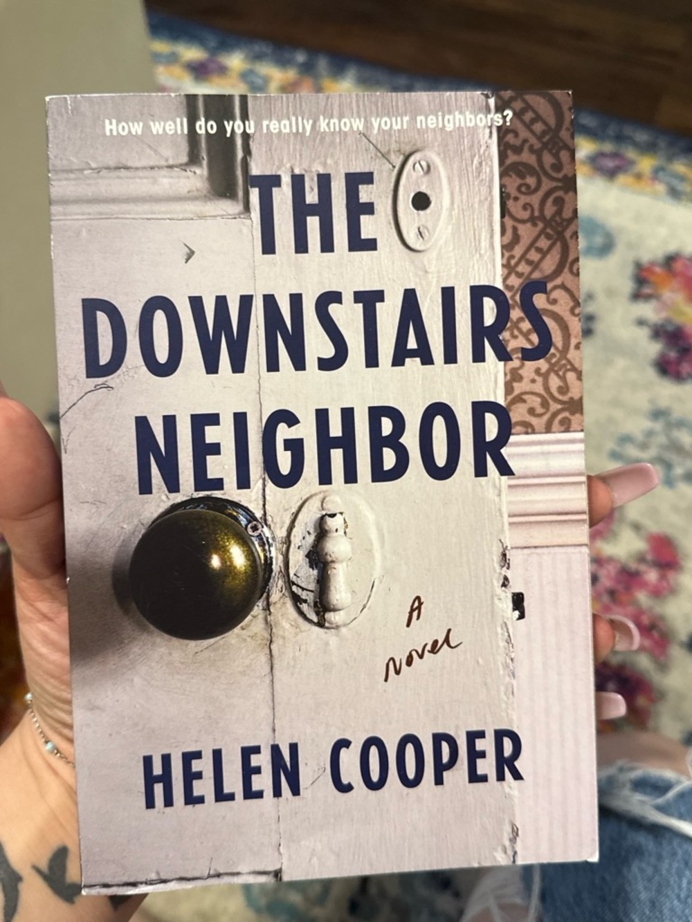 'The Downstairs Neighbor' Book Cover Wall Art - White & Blue